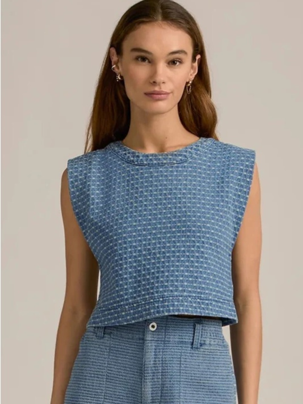 The Arlo Top- Berlin 
Blue Textured Sleeveless Cropped Top